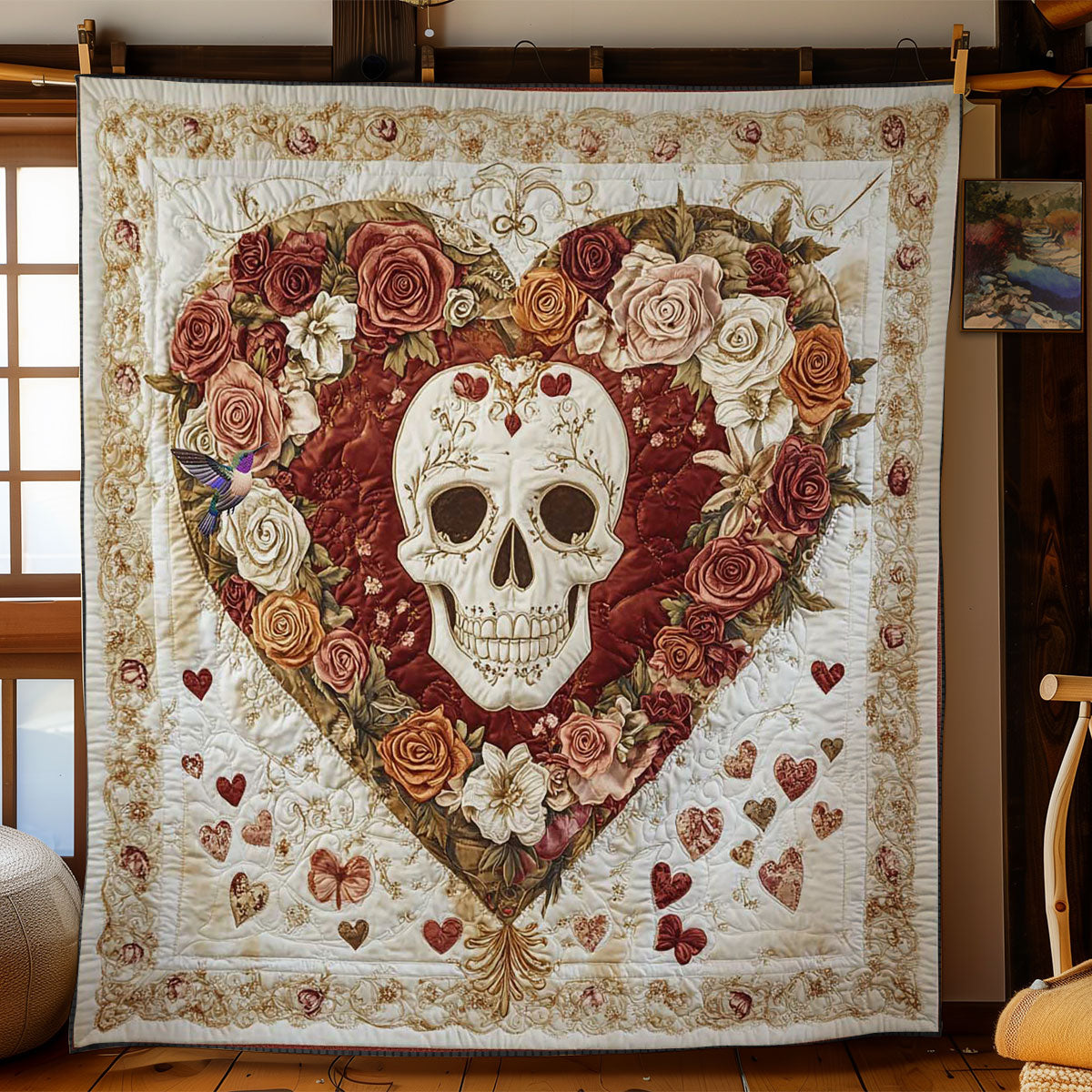 Skull In Blooming Hearts WN0412011CL Quilt