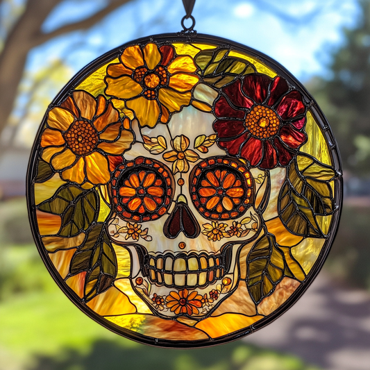 Skull Bloom WN0611062CL Stained Glass Suncatcher