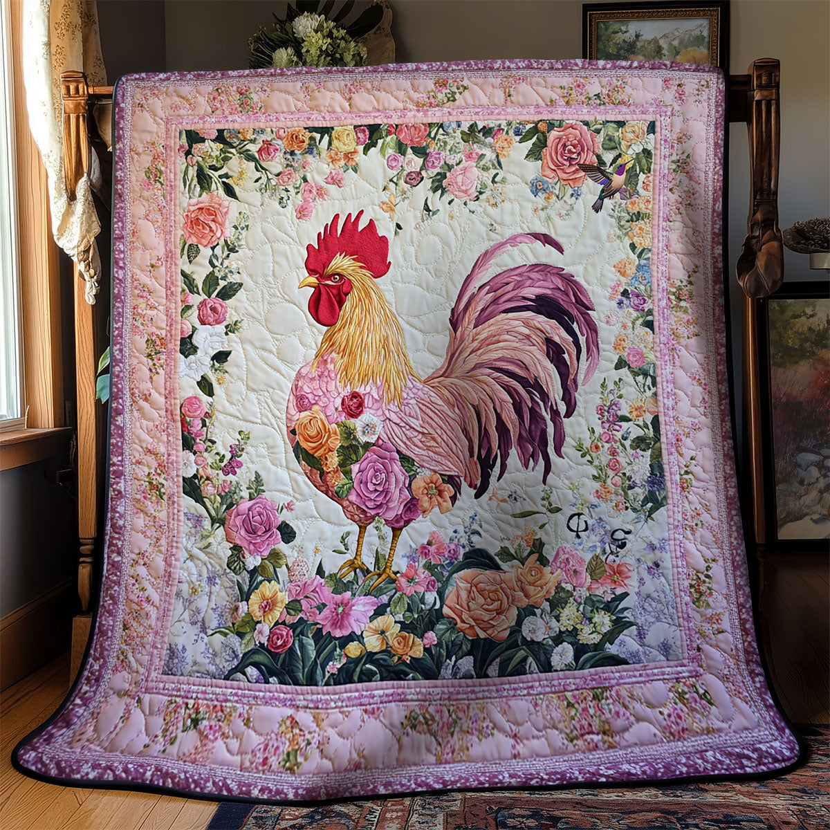 Pink Flower Chicken WY1811033CL Quilt