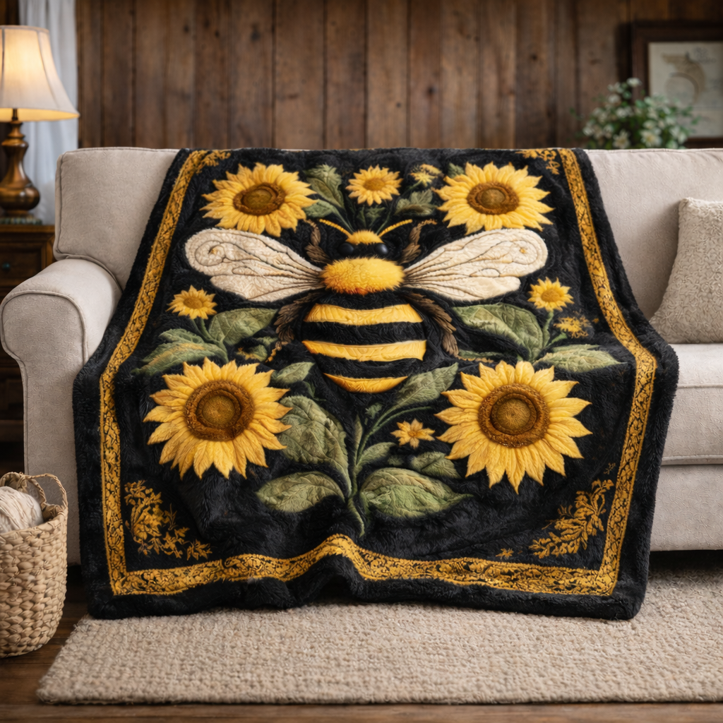 Rustic Sunflower Bee KL2701005CL Faux Fur Throw Blanket