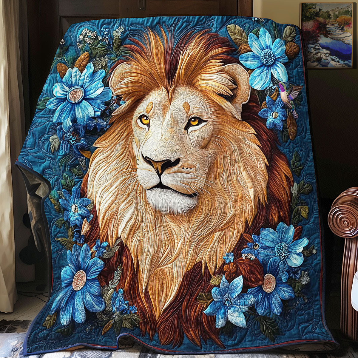Blue Flower Lion WY2811022CL Quilt