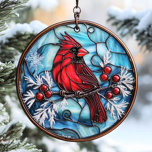 Winter Cardinal WN0611096CL Stained Glass Suncatcher