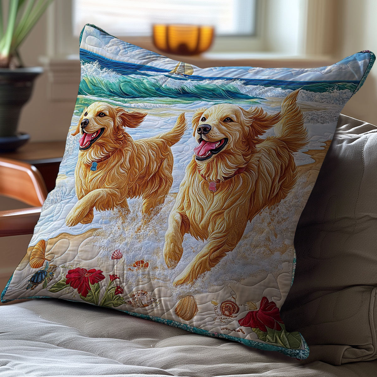 Playing Dog In Beach WY1012010CL Quilt Pillow Case