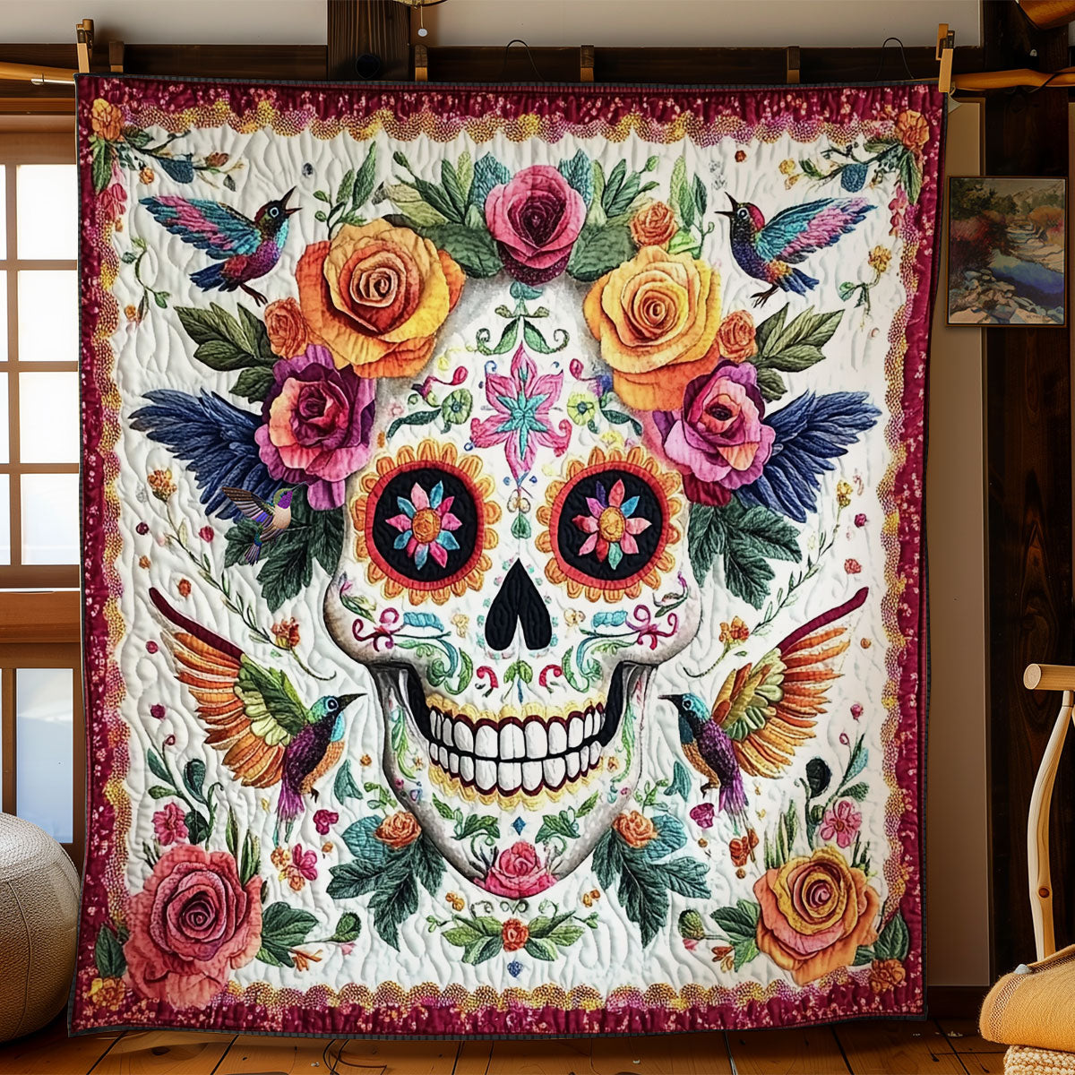 Flower Hummingbird Skull WY1511012CL Quilt