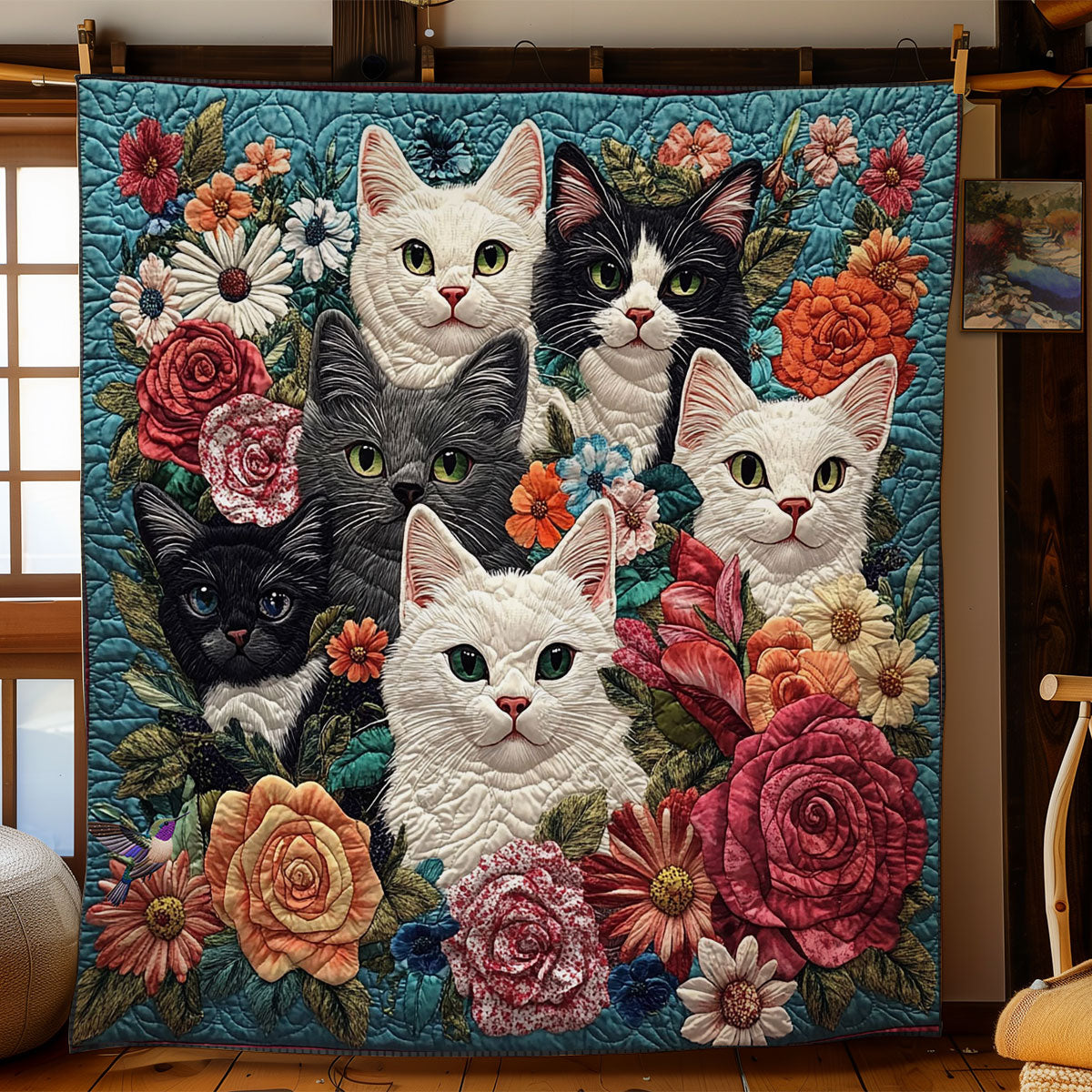 Cat Portrait In Garden WY2012039CL Quilt