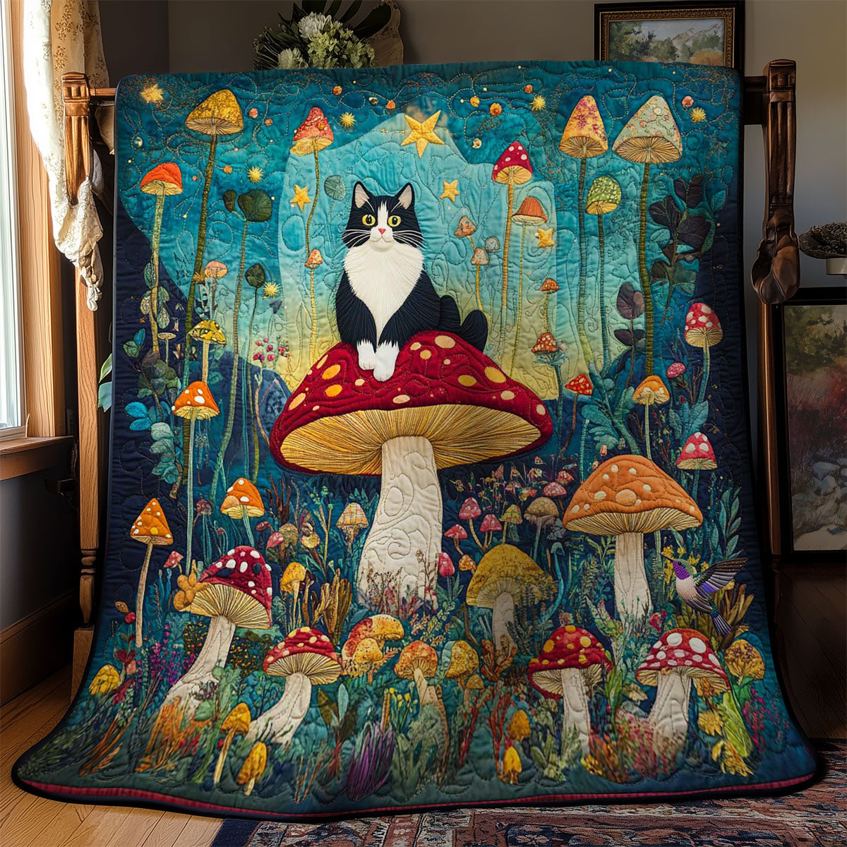 Tuxedo Cat In Mushroom Meadow WN2011126CL Quilt