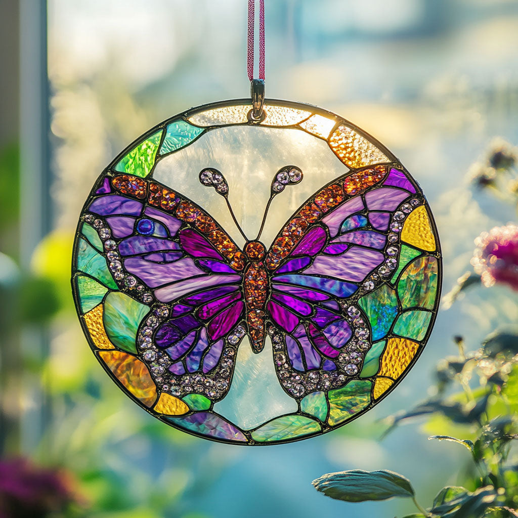 Purple Butterfly WJ2210039CL Stained Glass Suncatcher