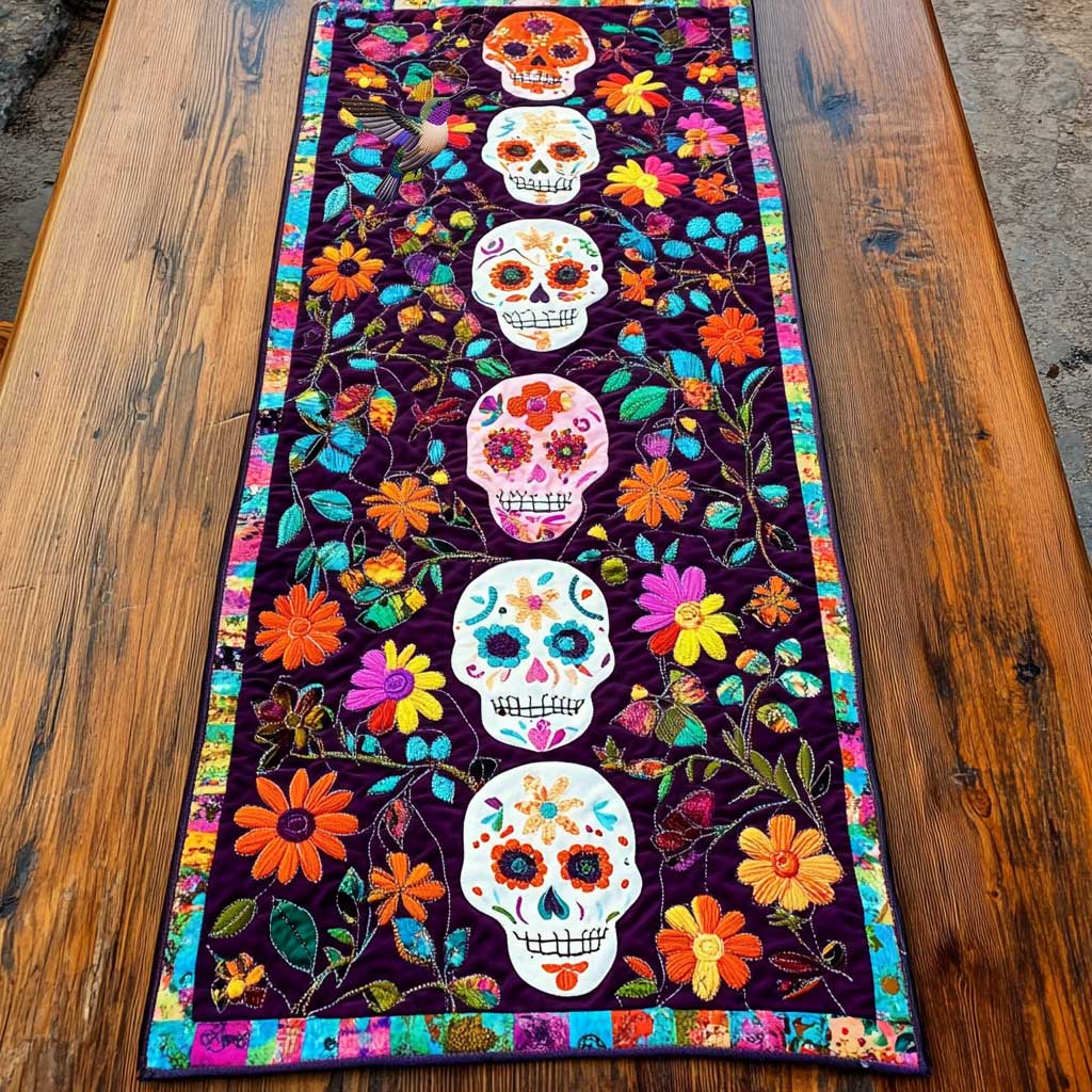 Day Of The Dead Skull Blossoms WN2610066CL Quilted Table Runner
