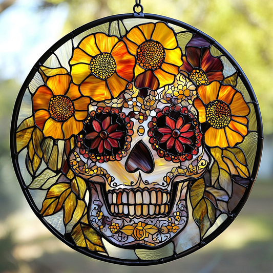 Floral Skull WN0611061CL Stained Glass Suncatcher