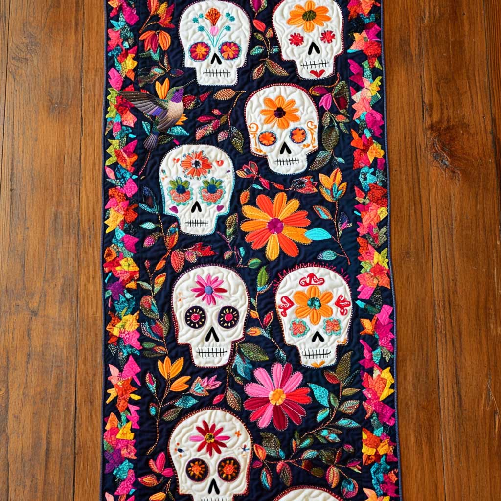 Day Of The Dead Skull Blossoms WN2610063CL Quilted Table Runner