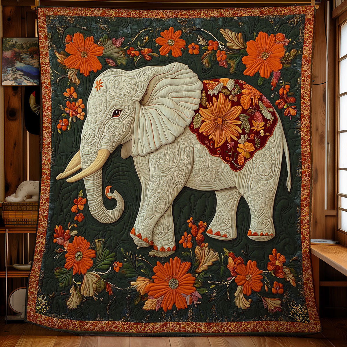 Elephant And Orange Flower WY0202019CL Quilt