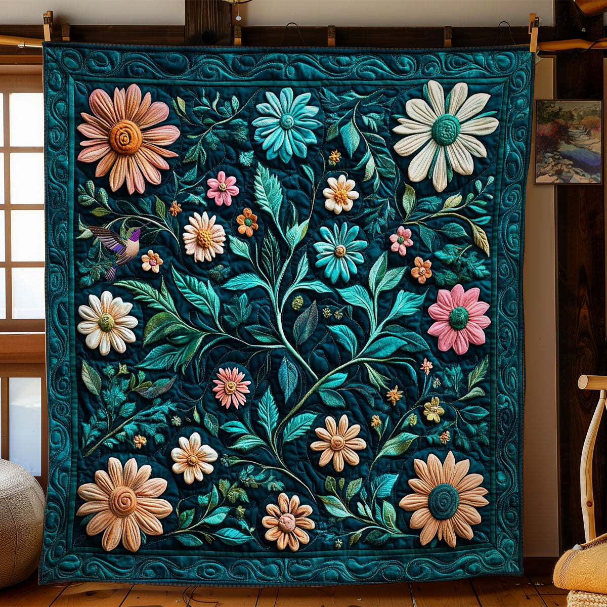 Teal Flower Garden WY0611019CL Quilt