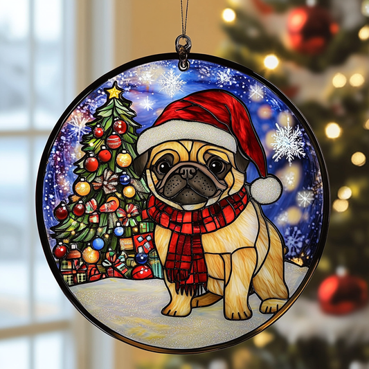 Pug Loves Christmas XR0410004CL Stained Glass Suncatcher