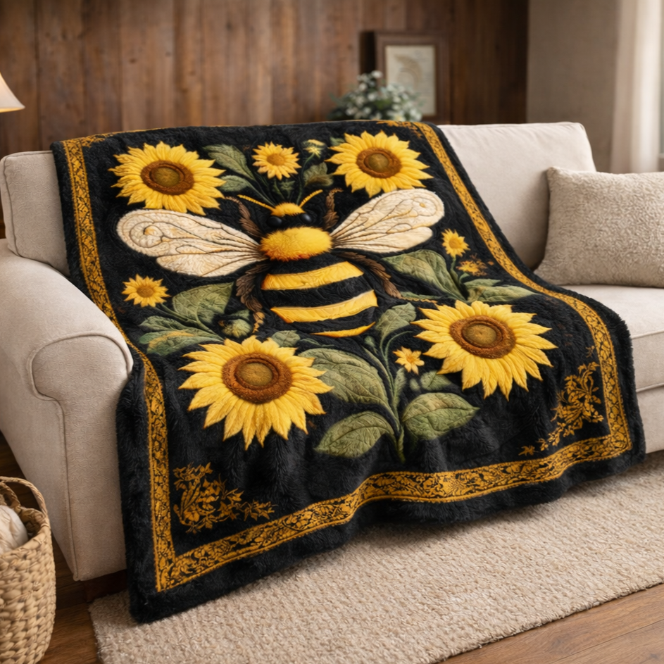 Rustic Sunflower Bee KL2701005CL Faux Fur Throw Blanket