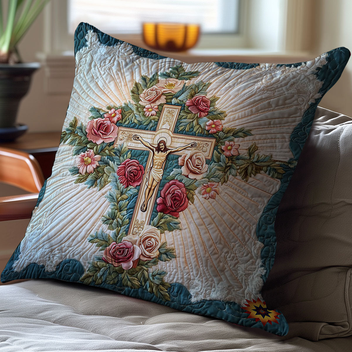 Teal Flower Cross WY2212026CL Quilt Pillow Case