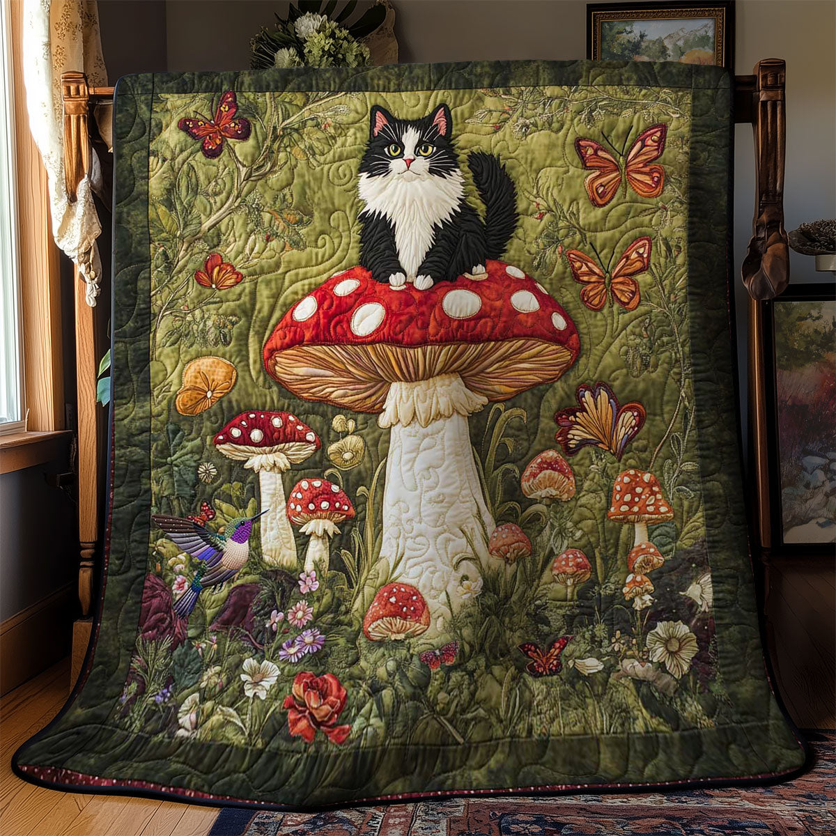 Mushroom Dreams With Tuxedo Cat WN2011121CL Quilt