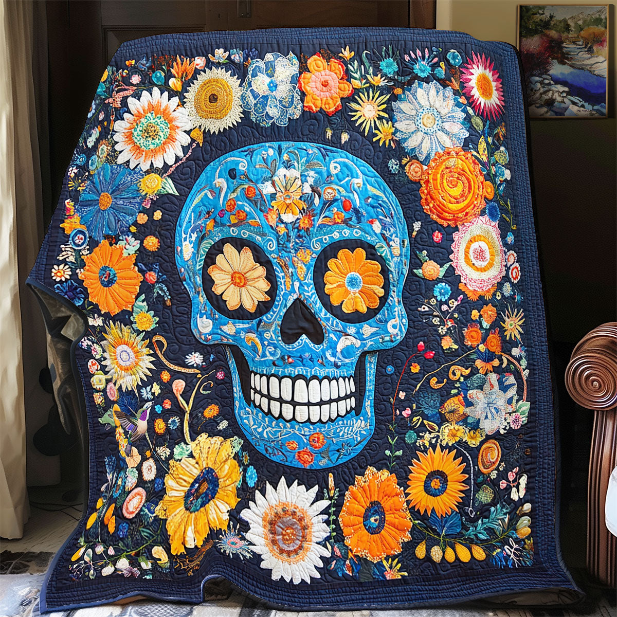 Flower Blue Skull Wy1311036CL Quilt