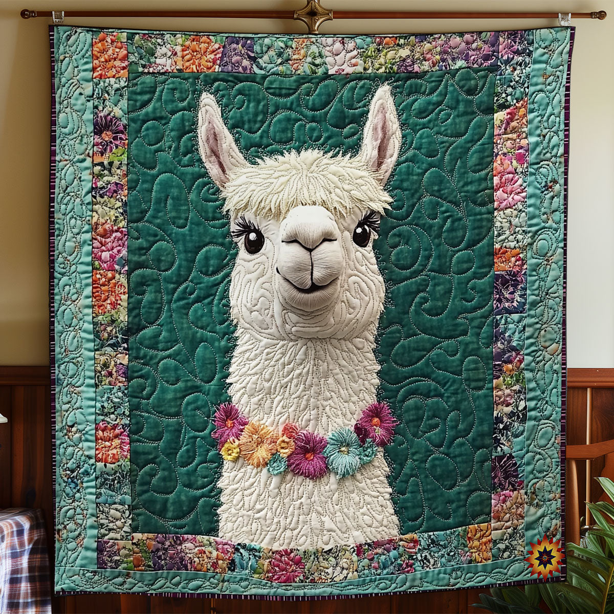 Teal Flower Llama WY1311037CL Quilt