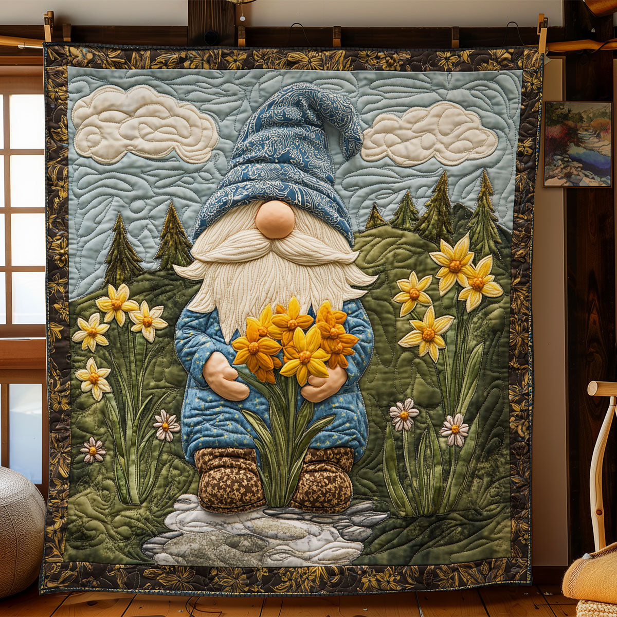 Gnome And Yellow Flower WY1202104CL Quilt