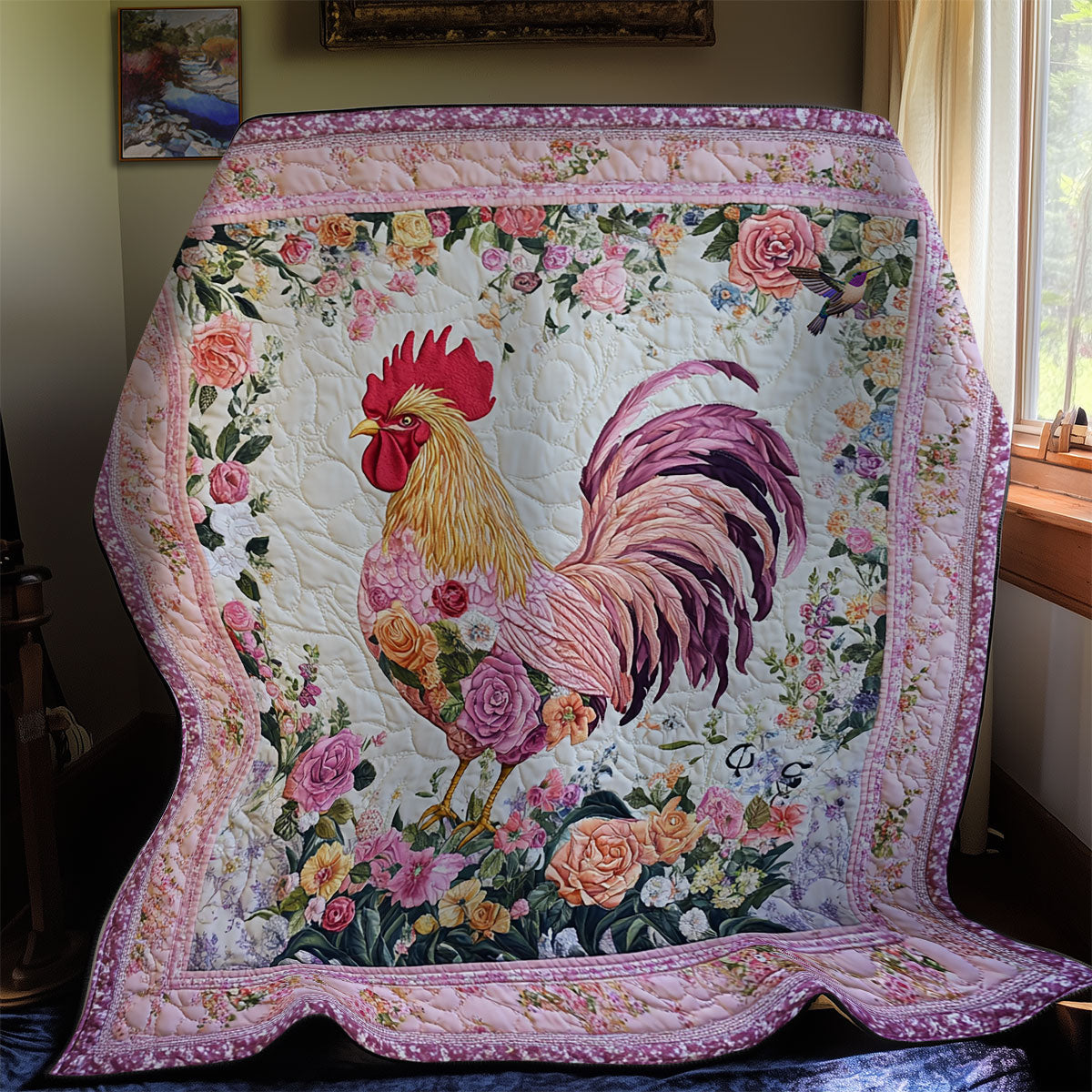 Pink Flower Chicken WY1811033CL Quilt