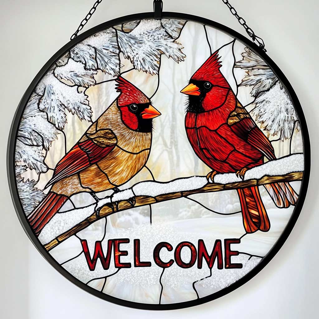 Welcome Red Cardinal WJ2809044CL Stained Glass Suncatcher