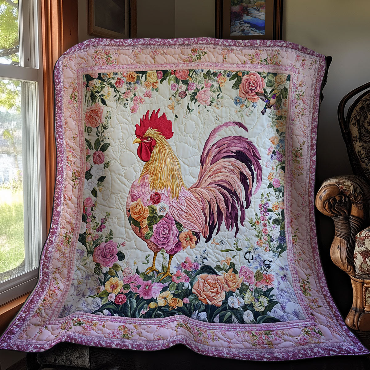 Pink Flower Chicken WY1811033CL Quilt