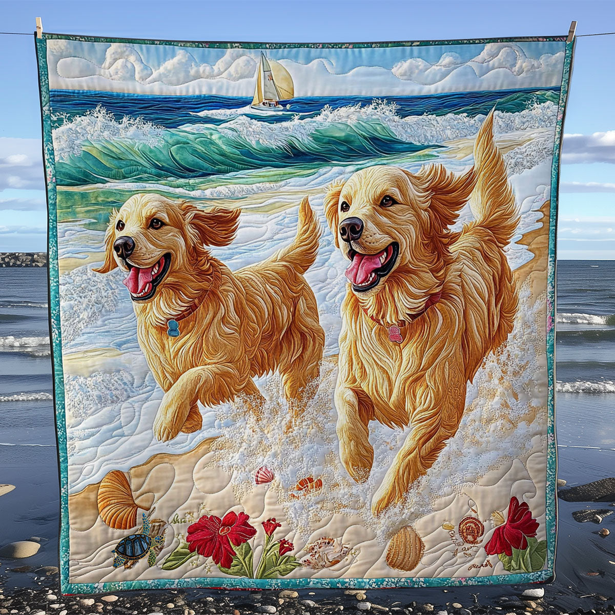 Golden Retriever Playing Beach WY0712014CL Quilt