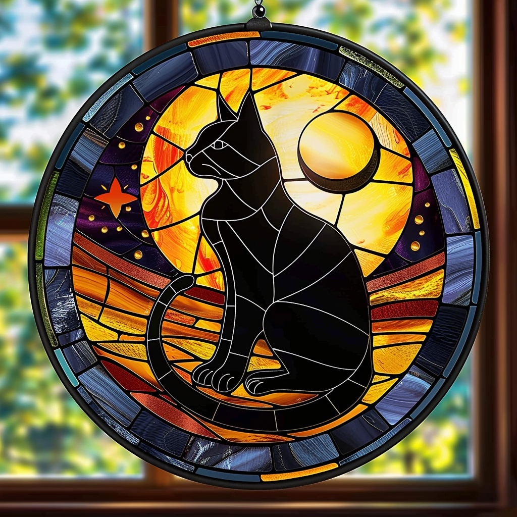 Black Cat With Moonlight XR2008051CL Stained Glass Suncatcher