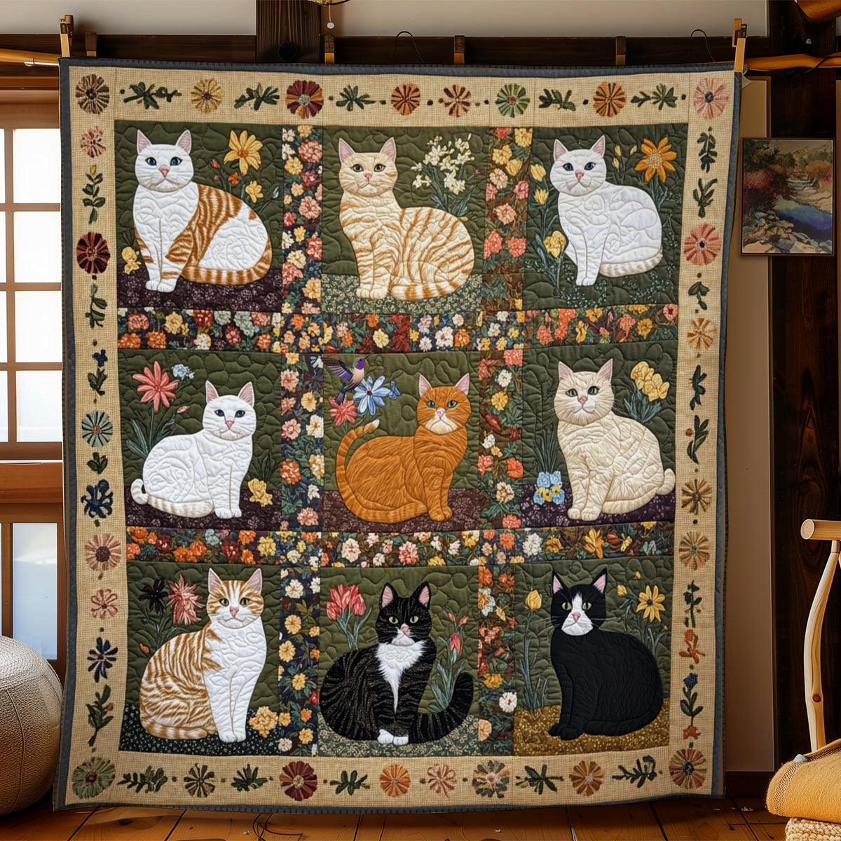 Cat in Flower Garden YR1911009CL Quilt