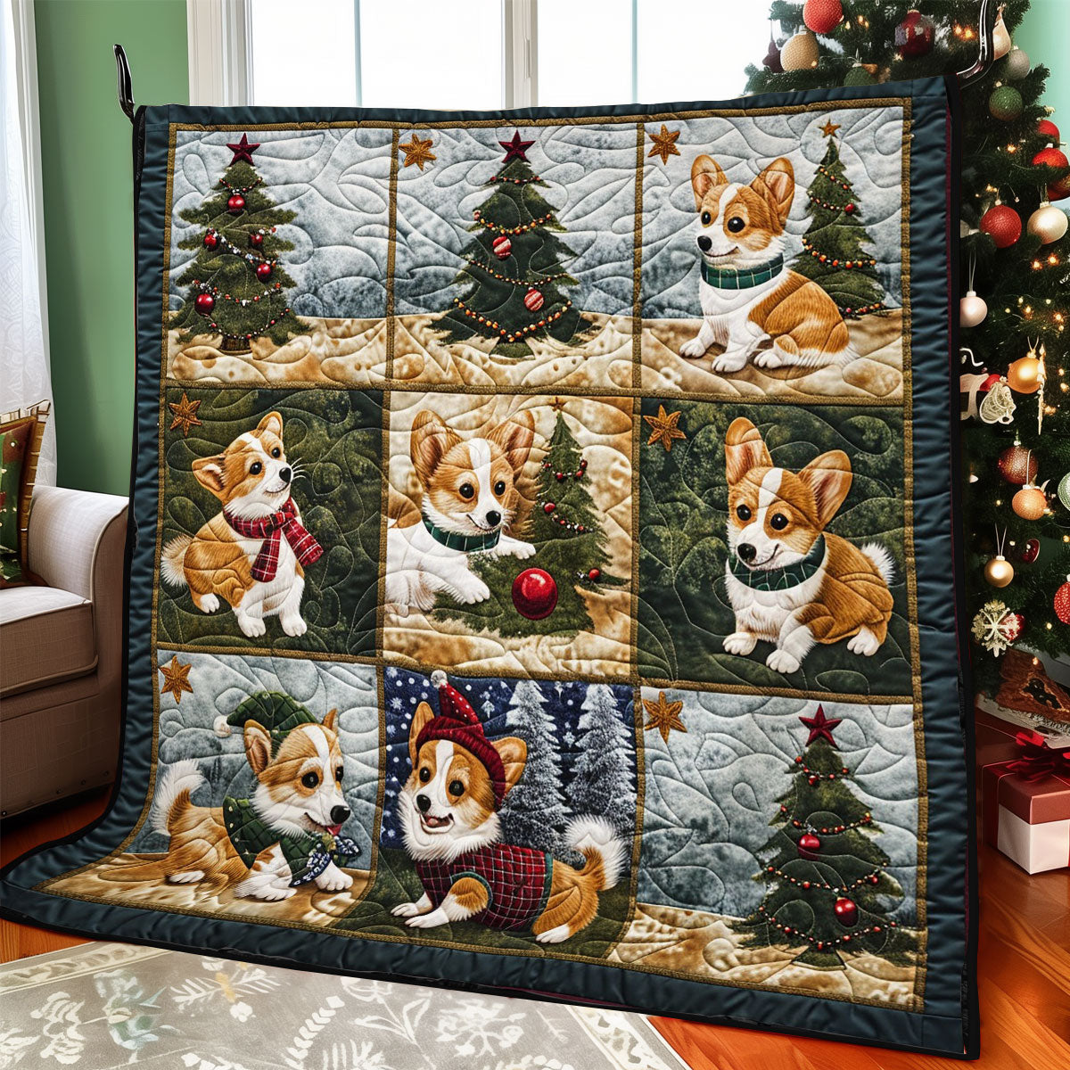 Corgi And Christmas Tree WO1908004CL Quilt