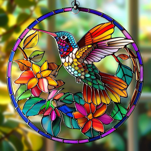 Floral Hummingbird XR2108002CL Stained Glass Suncatcher