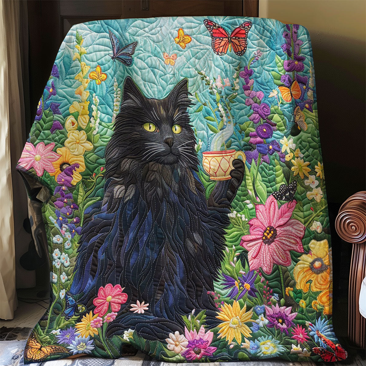 Black Cat Enjoying Tea WO2408027CL Quilt