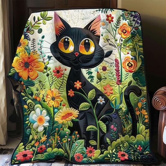 Black Cat In The Garden Flowers WO2408025CL Quilt