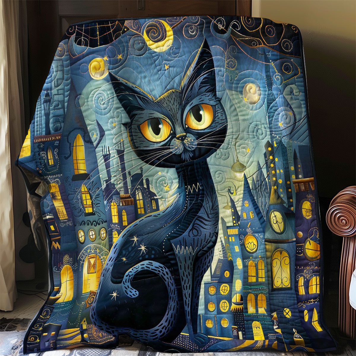 Cat And City At Night WO2008032CL Quilt