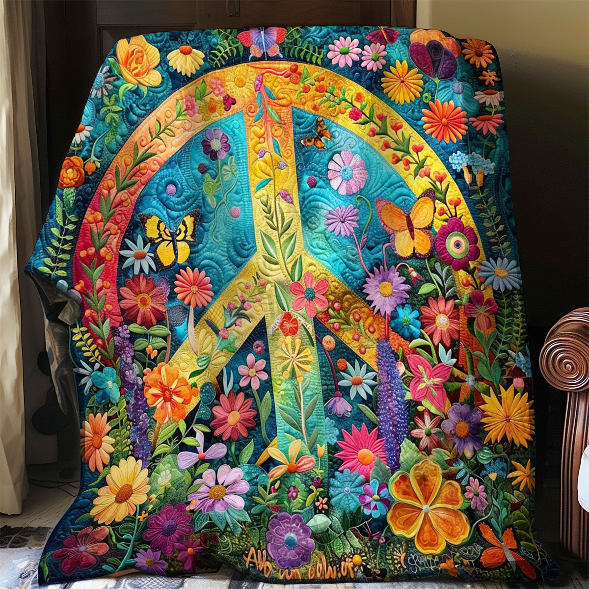 Peace Symbol And Florals WO2108033CL Quilt