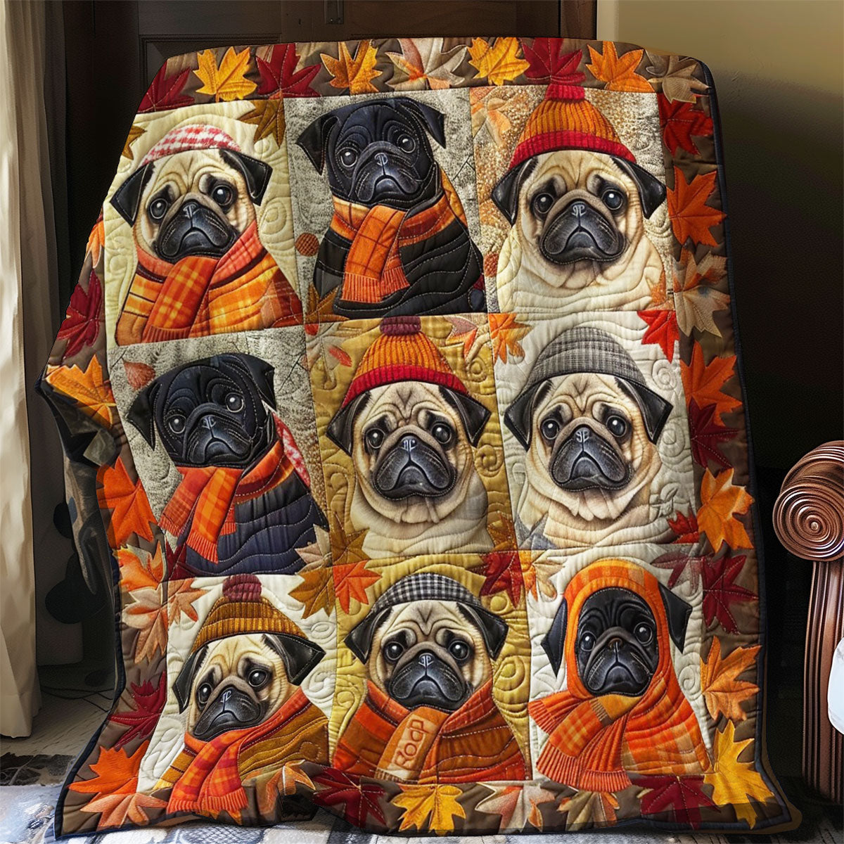 Pug Dogs With Scarf WO1408001CL Quilt