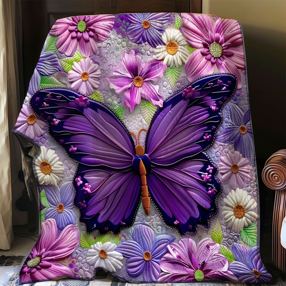 Purple Butterfly And Flowers WO2308022CL Quilt