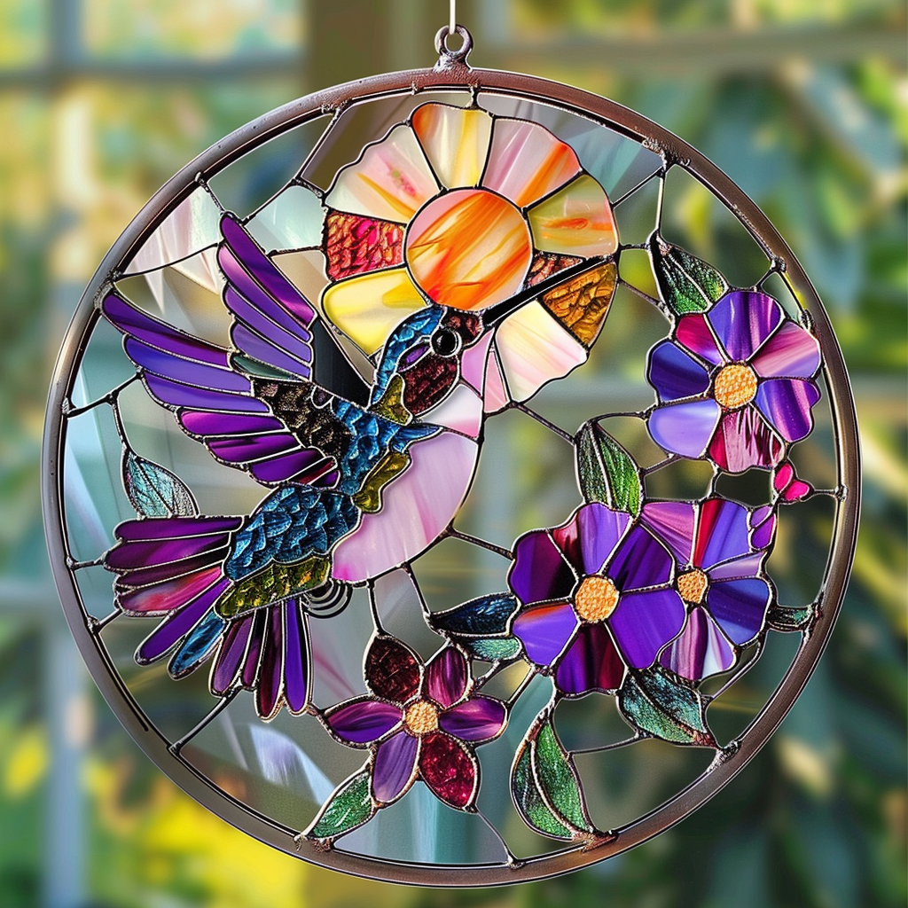 Hummingbird And Flowers XR2008049CL Stained Glass Suncatcher