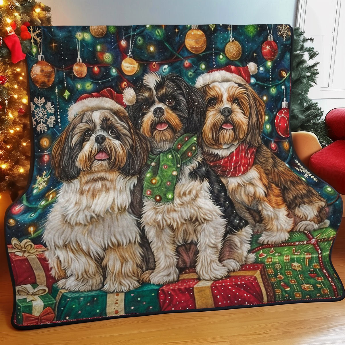 Dogs Beside Christmas Tree WM2408041CL Quilt