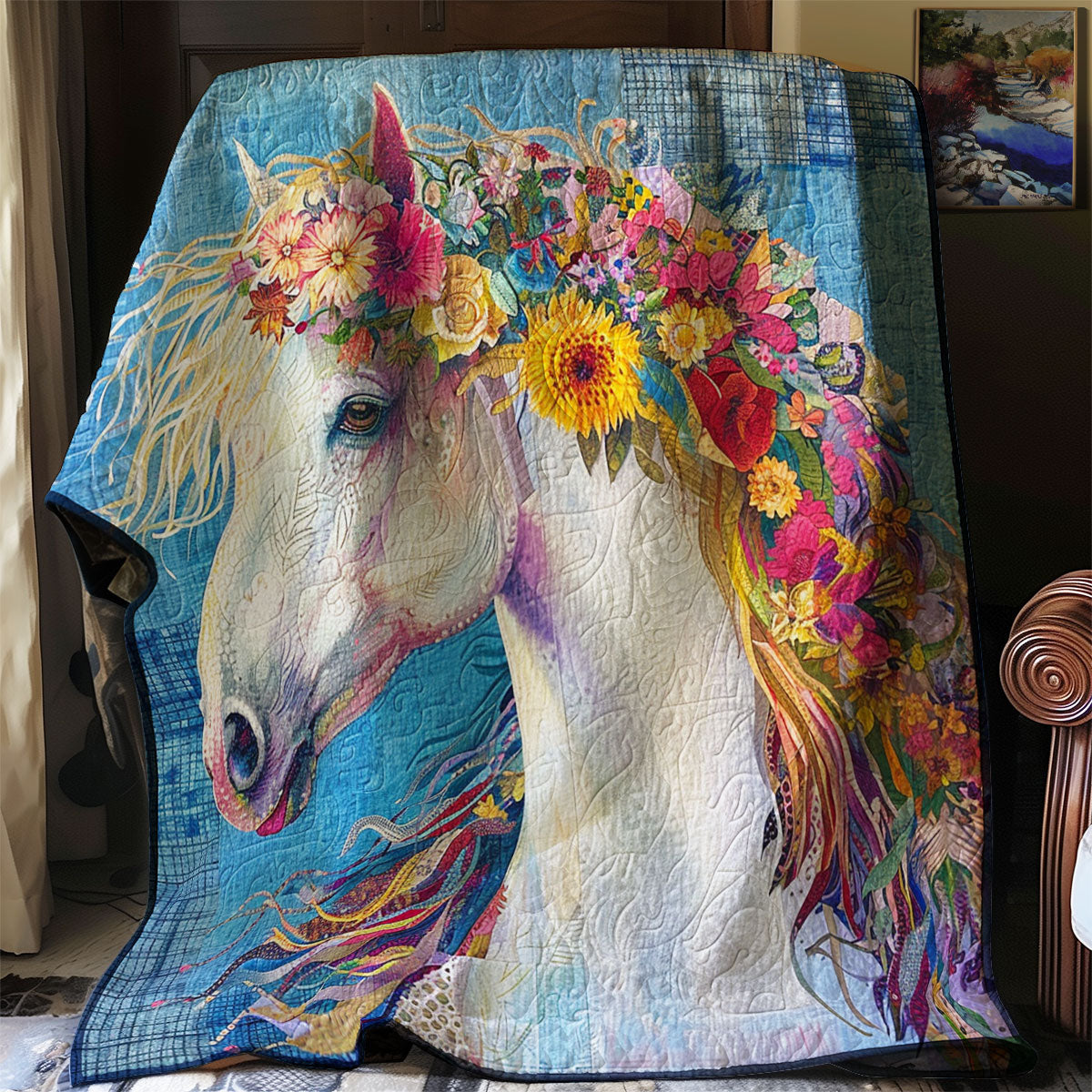 Blue Florals Horse WM1608029CL Quilt