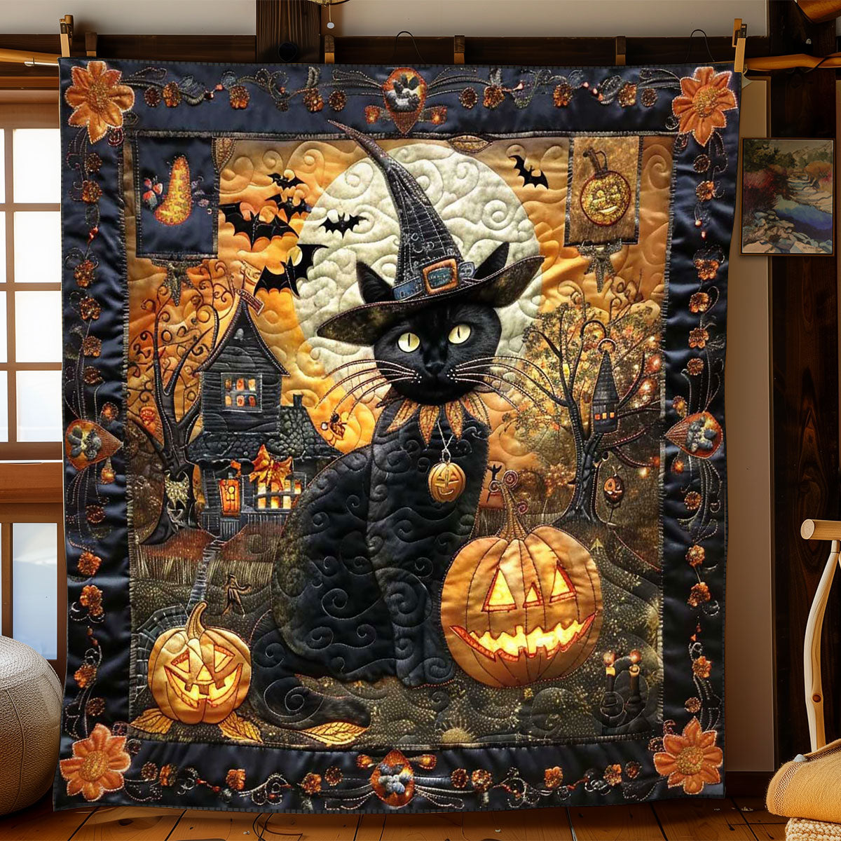 Creepy Cat and Pumpkin WN1908100CL Quilt