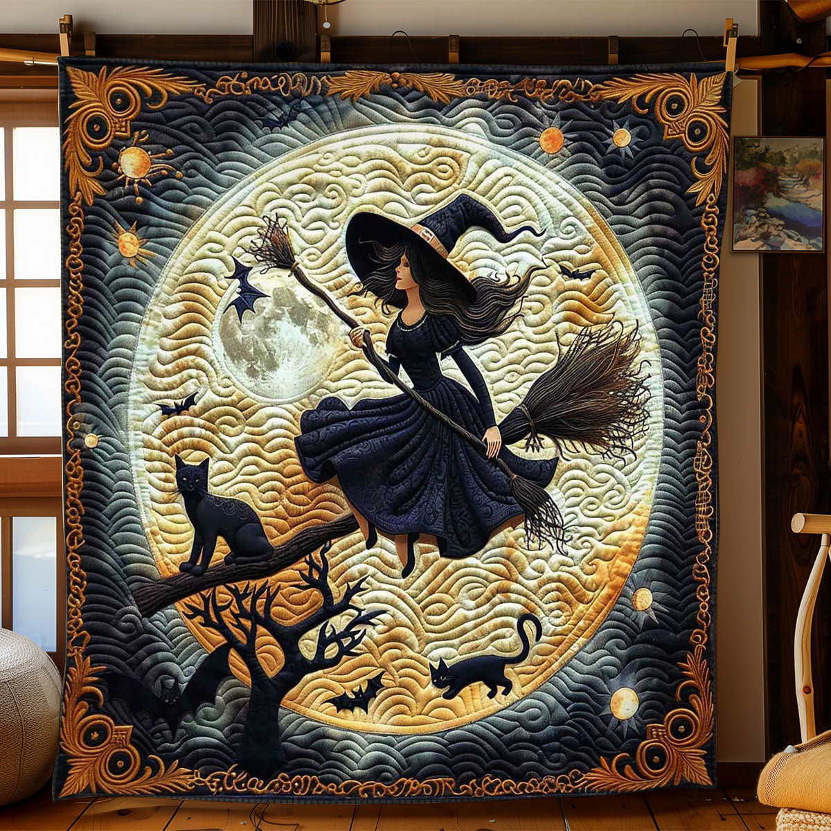 Halloween Broom and Moon WN1908083CL Quilt
