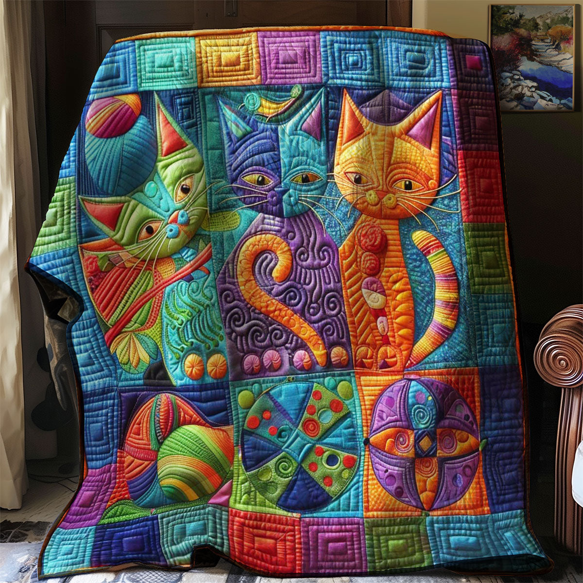 Three Cats & Yarn Funny WN0908049CL Quilt