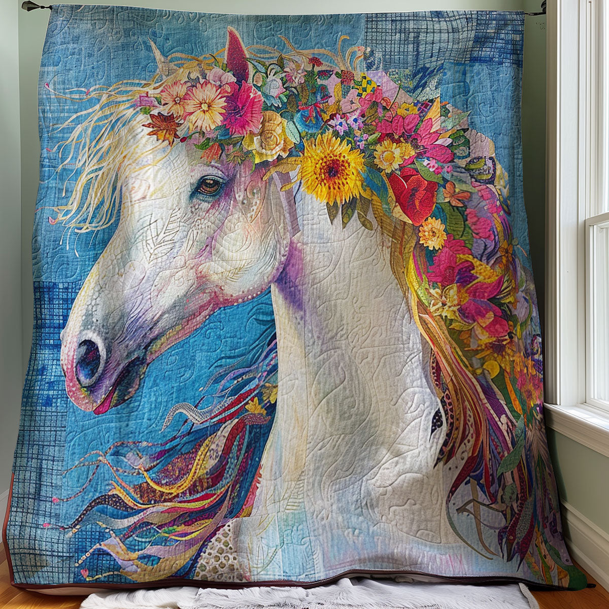 Blue Florals Horse WM1608029CL Quilt