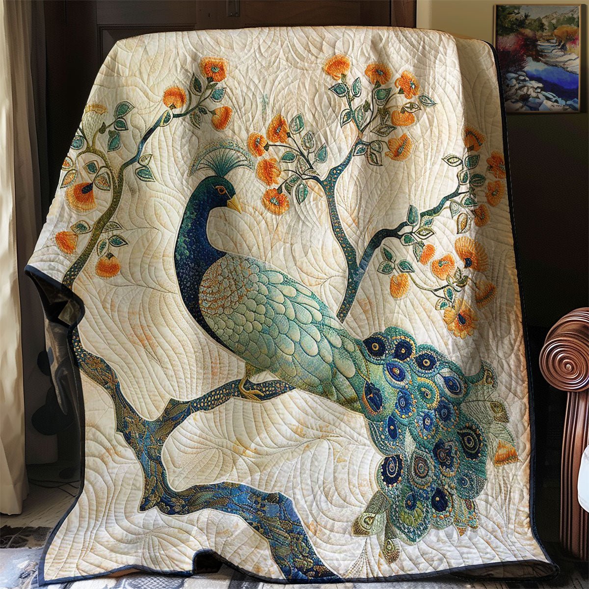 Peacook And Orange Flowers WM2907002CL Quilt