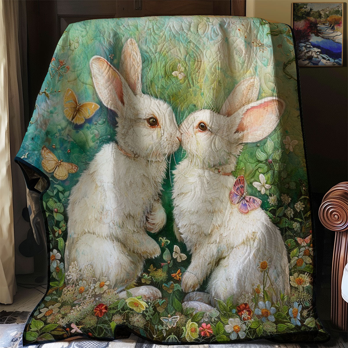 White Couple Rabbits WM3007001CL Quilt