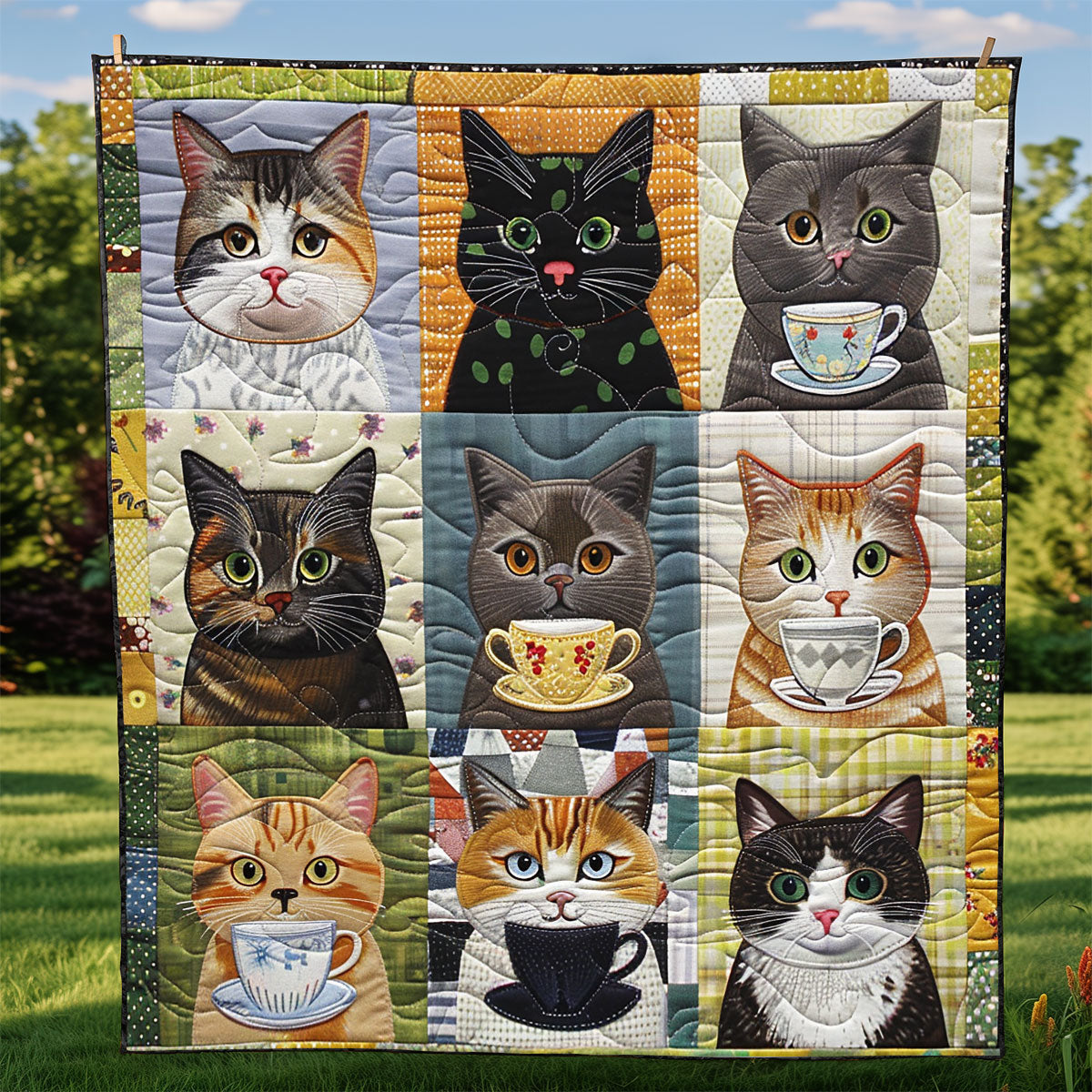 9 Cats And Coffee Cups XR2008013CL Quilt