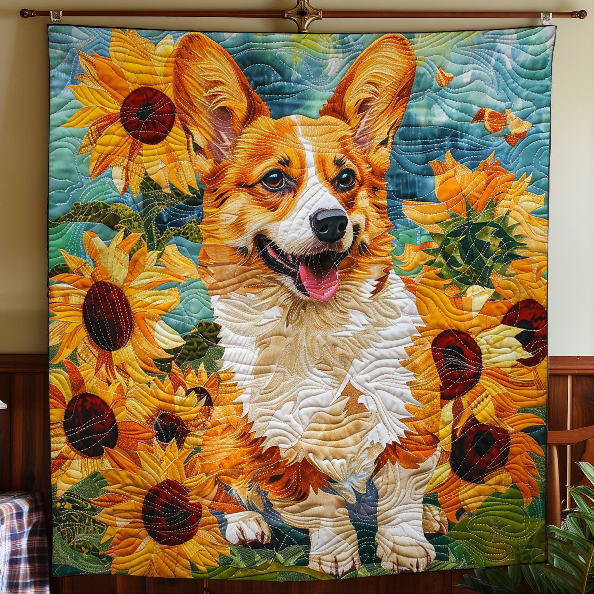 Corgi And Flied Sunflower WO2208046CL Quilt