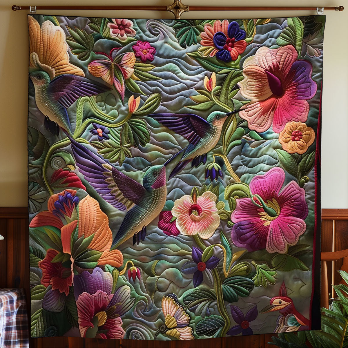 Hummingbird With Florals WO2208049CL Quilt