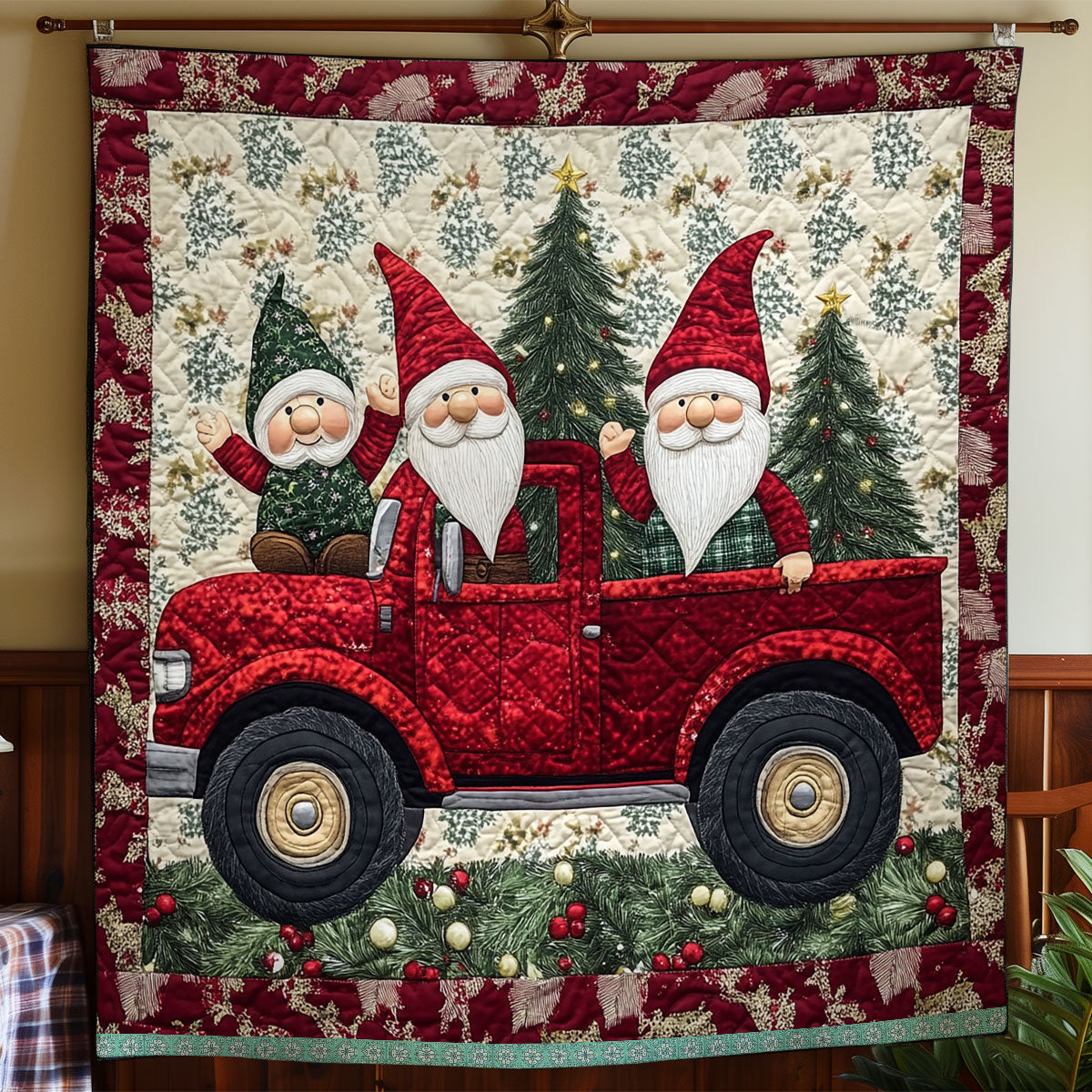 Little Gnomes In Red Truck XR1009018CL Quilt